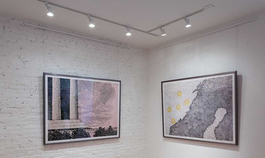 art displayed at gallery using picture hanging system, with art lighting provided by ceiling track lights