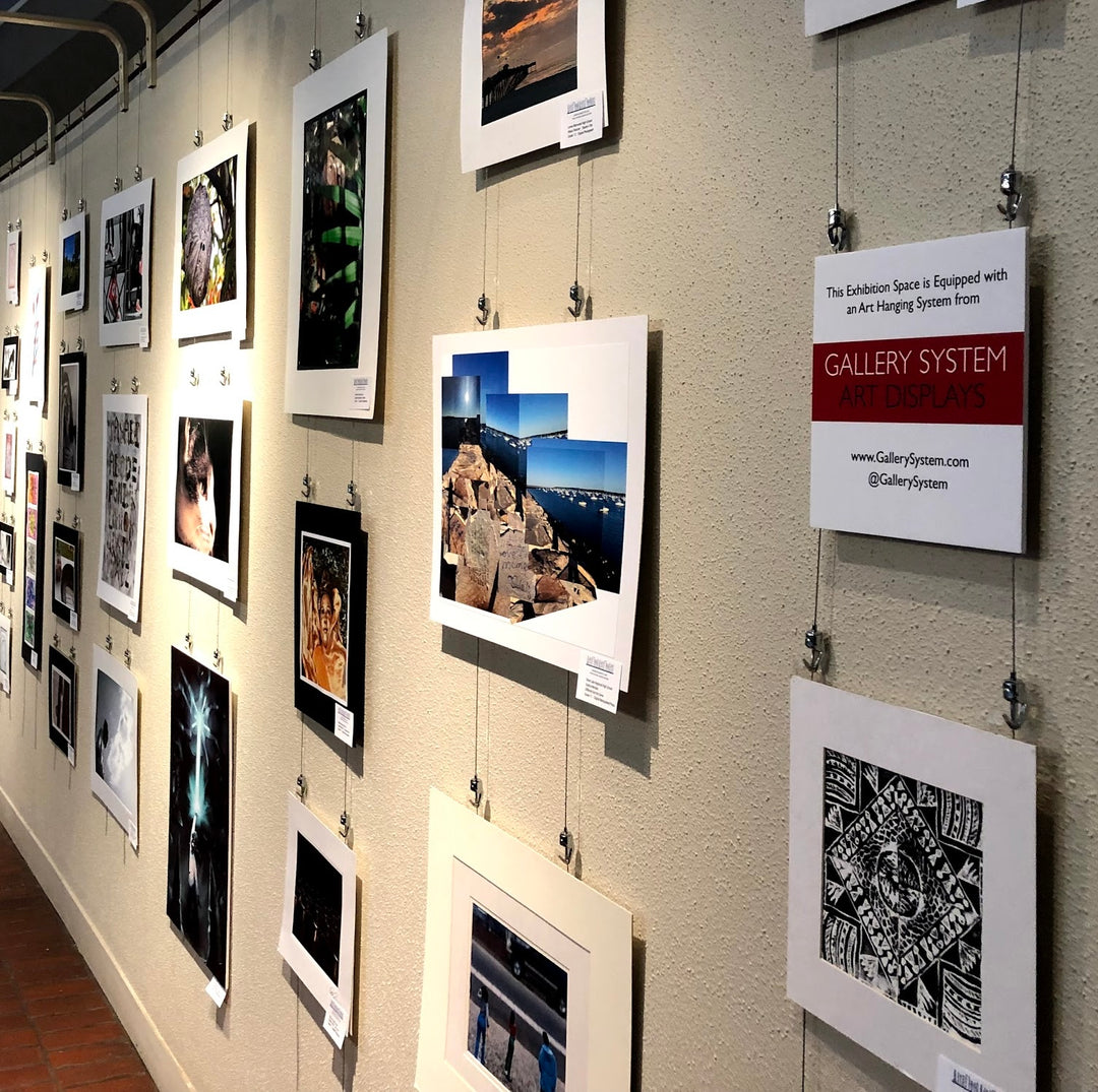 picture hanging syste, used to display unframed student artworks at public building in Boston