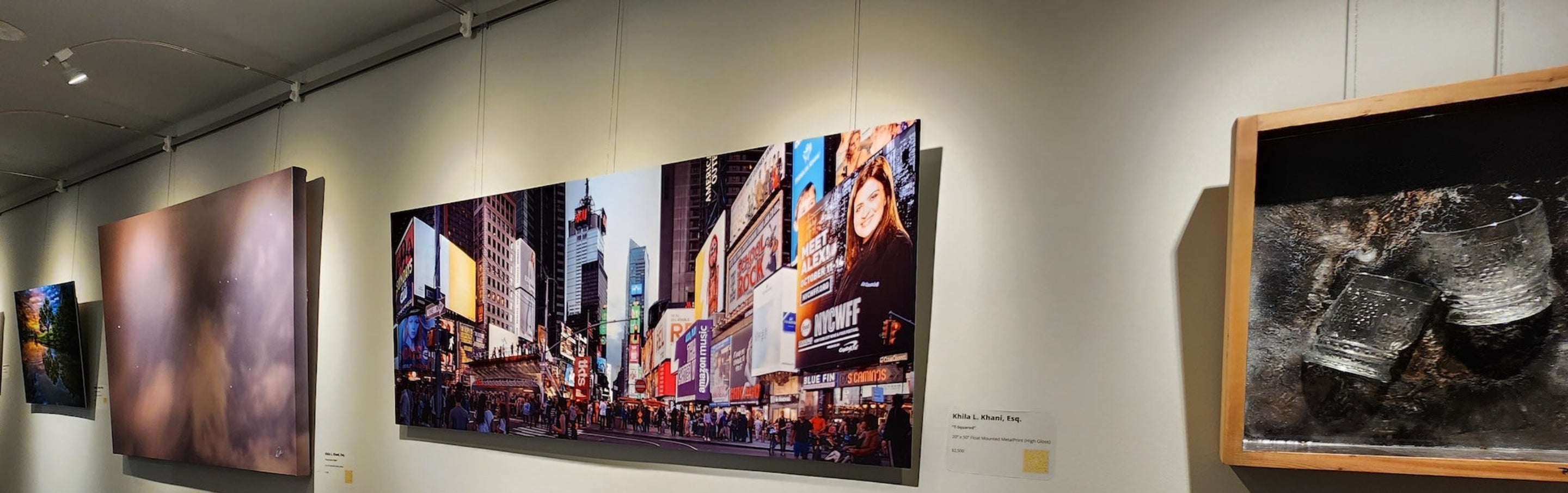 Law firm display of photos on picture hanging system with integrated lighting  - part of the firm's art gallery 