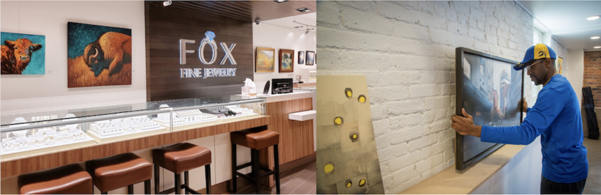Dual photo of art gallery hanging systems in use — left-hand image of a jewelry store showing paintings, right-hand image of a person lifting a painting to hang it on the picture hanging system 