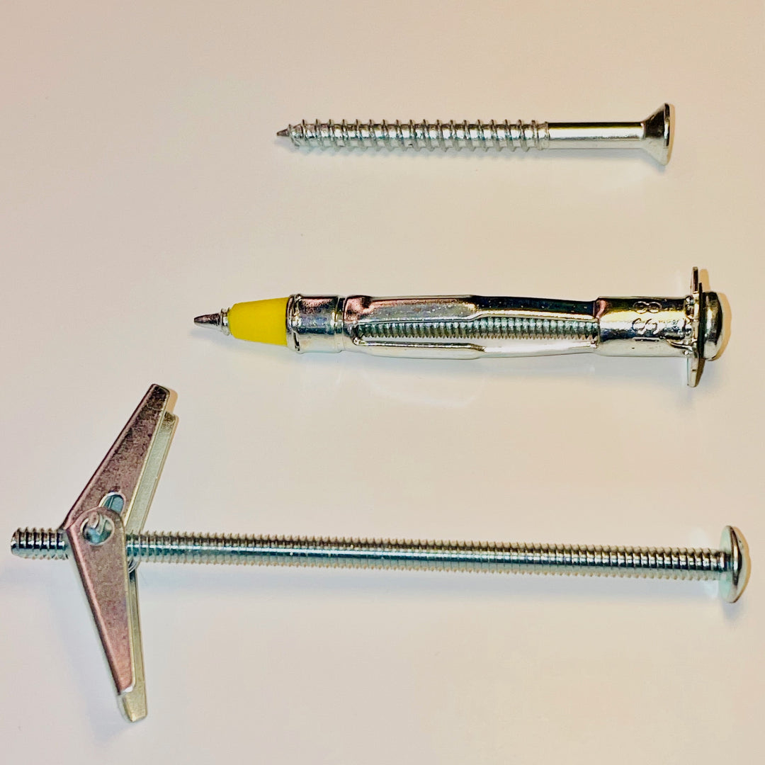 wood screw, bolt with expanding wall anchor, and toggle bolt 