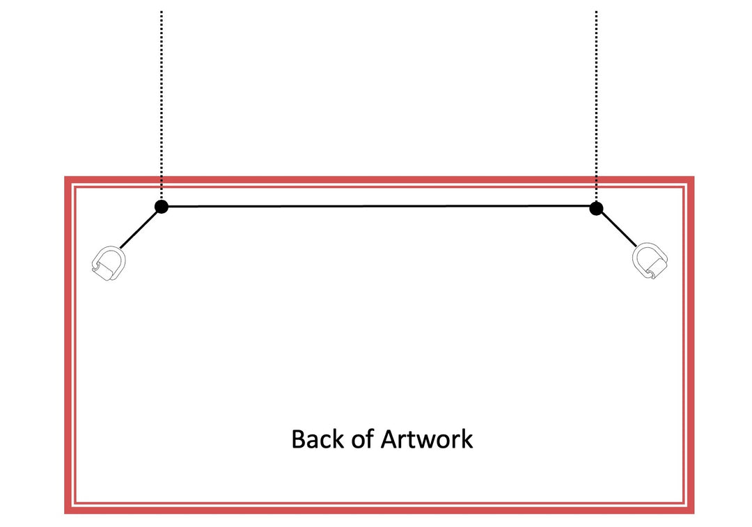 Illustration of two-hanger method for hanging artworks using art hanging system or picture rail hanging system