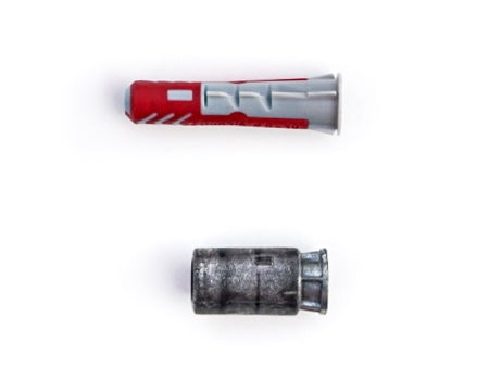 two expanding wall anchors for screws - top one of plastic, bottom one of lead