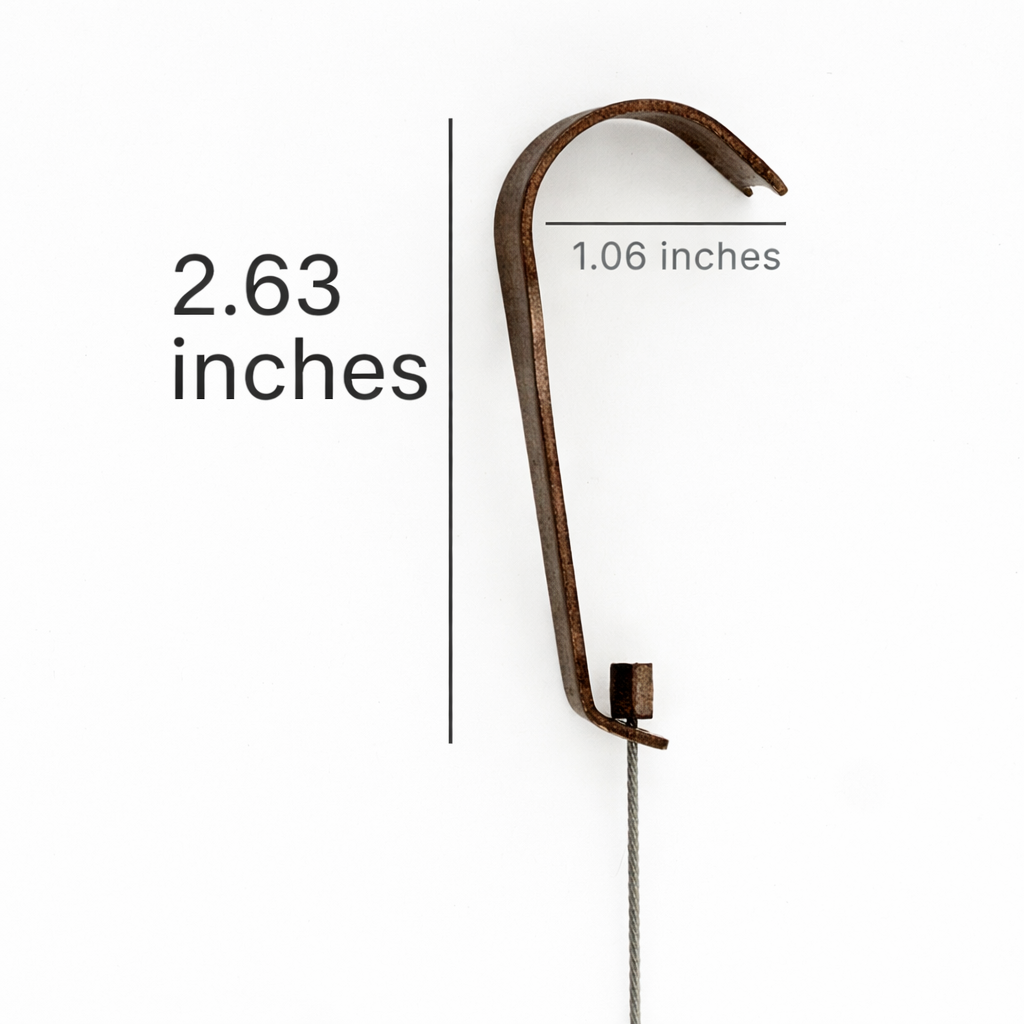 Side view of bronze picture rail molding art hanger with dimensions — 2.63 inches high, 1.06 inches deep