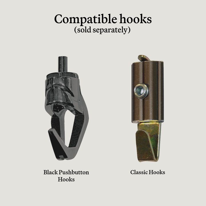 Two compatible hooks for Clearline art hanging system - Black Pushbutton and Classic - shown side by side