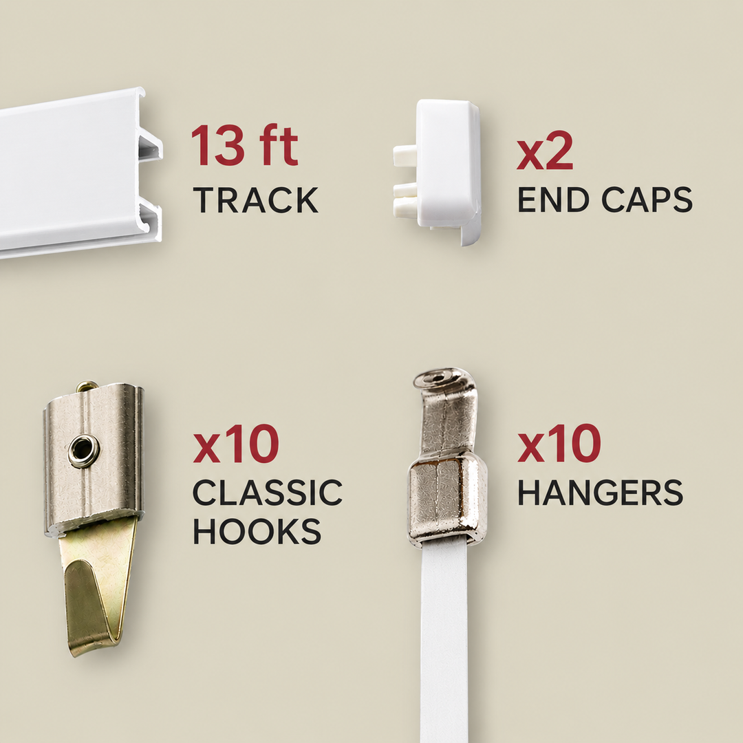 Components of a white track picture hanging system shown on a beige background with text labels: 13 ft track, 2 end caps, 10 classic hooks, and 10 hangers.