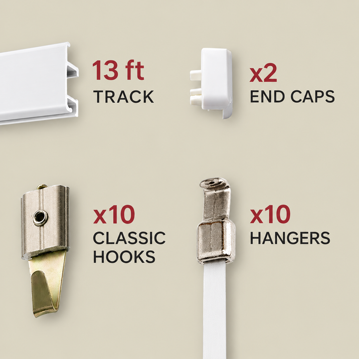 Components of a white track picture hanging system shown on a beige background with text labels: 13 ft track, 2 end caps, 10 classic hooks, and 10 hangers.