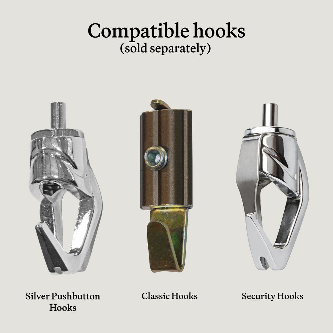 Front view of three hooks compatible with Steel Cable picture hanging systems — silver pushbutton, Classic, and Security