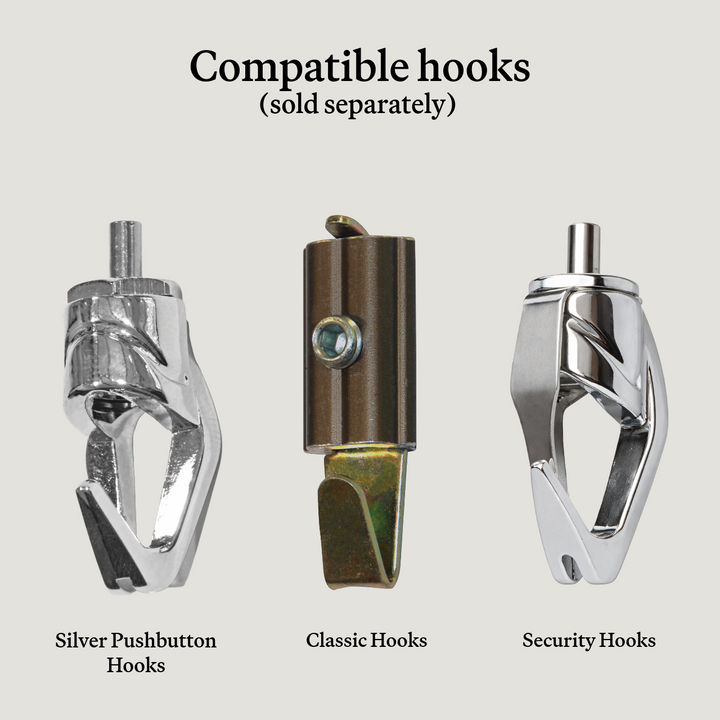 Front view of three hooks compatible with Steel Cable picture hanging systems — silver pushbutton, Classic, and Security