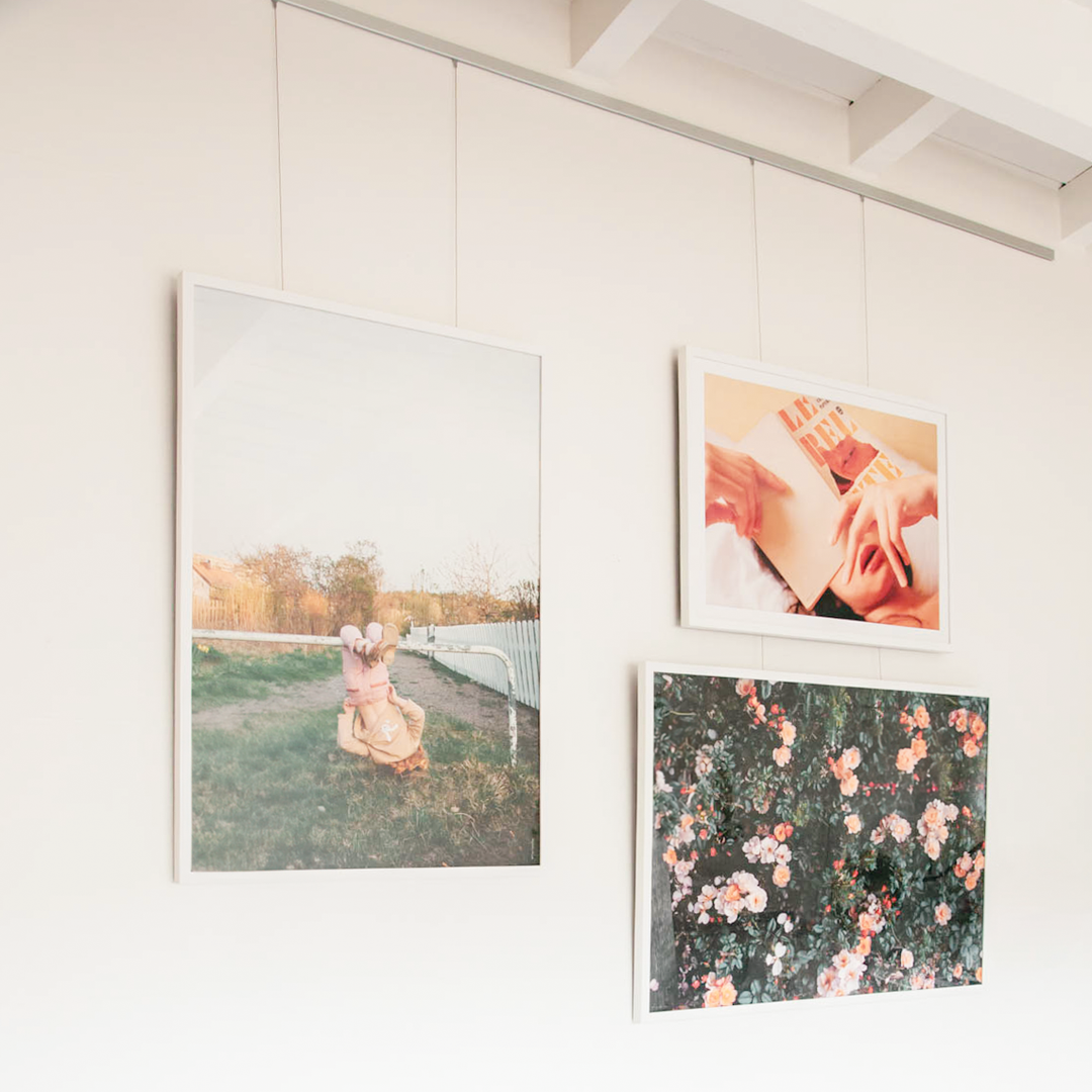 picture hanging system installed in fashionable loft apartment, displaying three large photographic prints