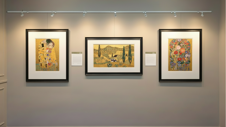 Three framed artworks on a wall with a neutral background, hung on a picture hanging system with integrated lighting