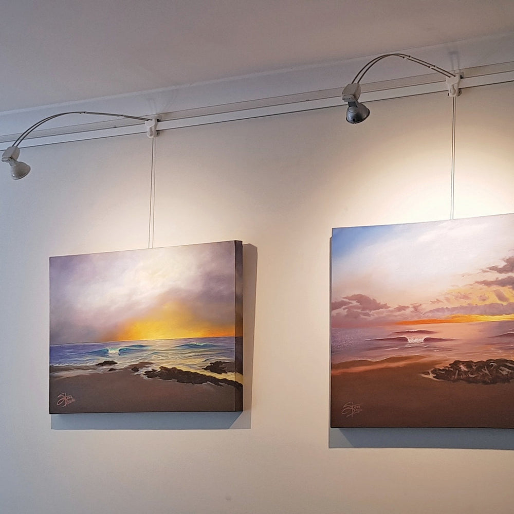 two paintings of seascape beach views displayed on an art gallery hanging system with integrated art lighting 