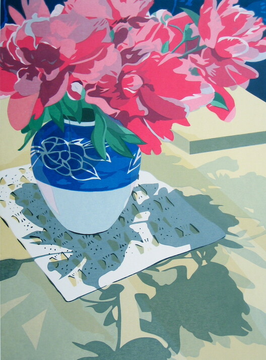 Serigraph of Pink Peonies in Blue and White Vase - Art Gallery Hanging System