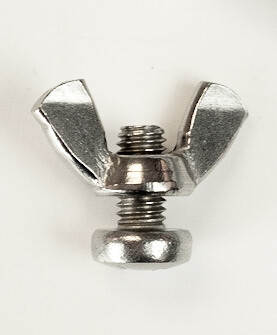 Short bolt with wing nut, for use with picture hanging system mounted at an angle as when hanging art in a stairway