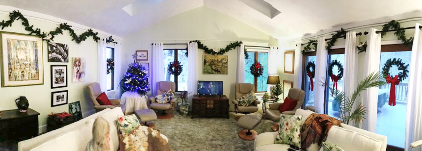 Living room decorated with holiday greens hung on picture hanging system